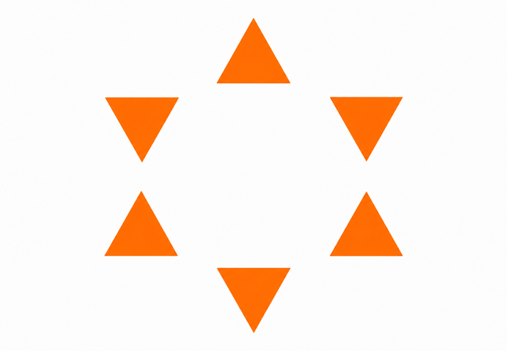 six small orange triangles arranged in a circle